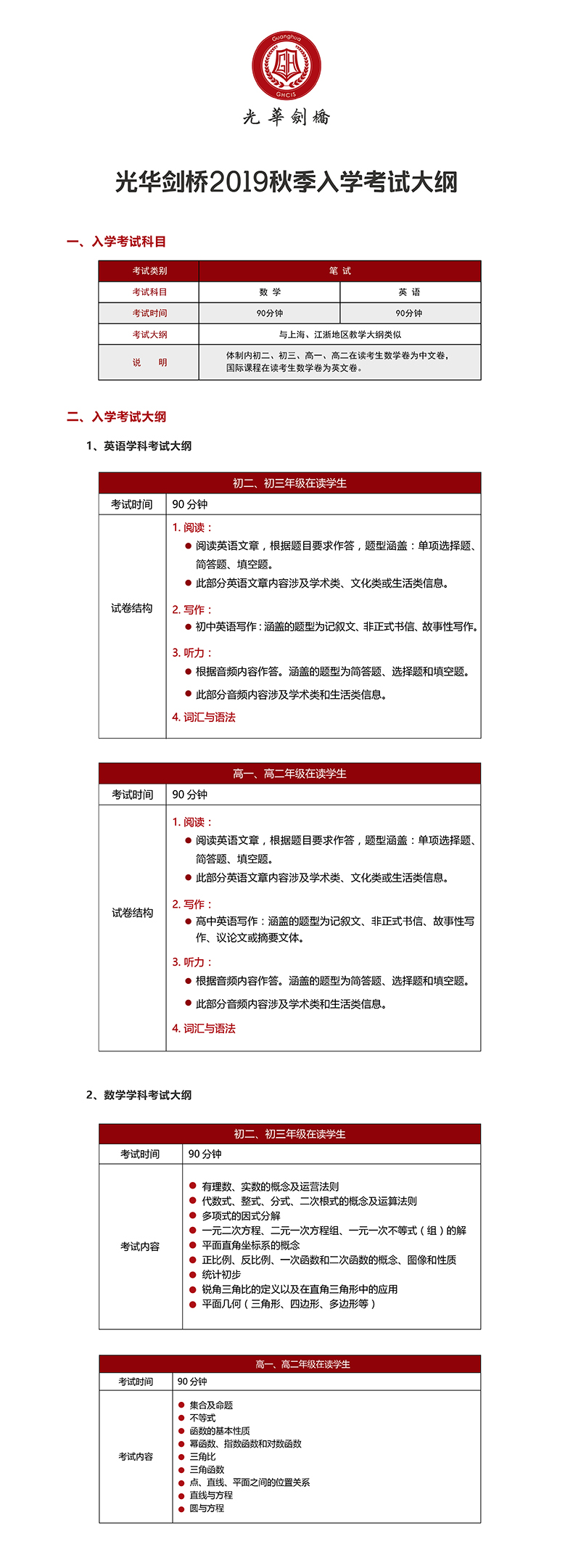 上海光華學院劍橋國際中心2019年秋季入學考試大綱